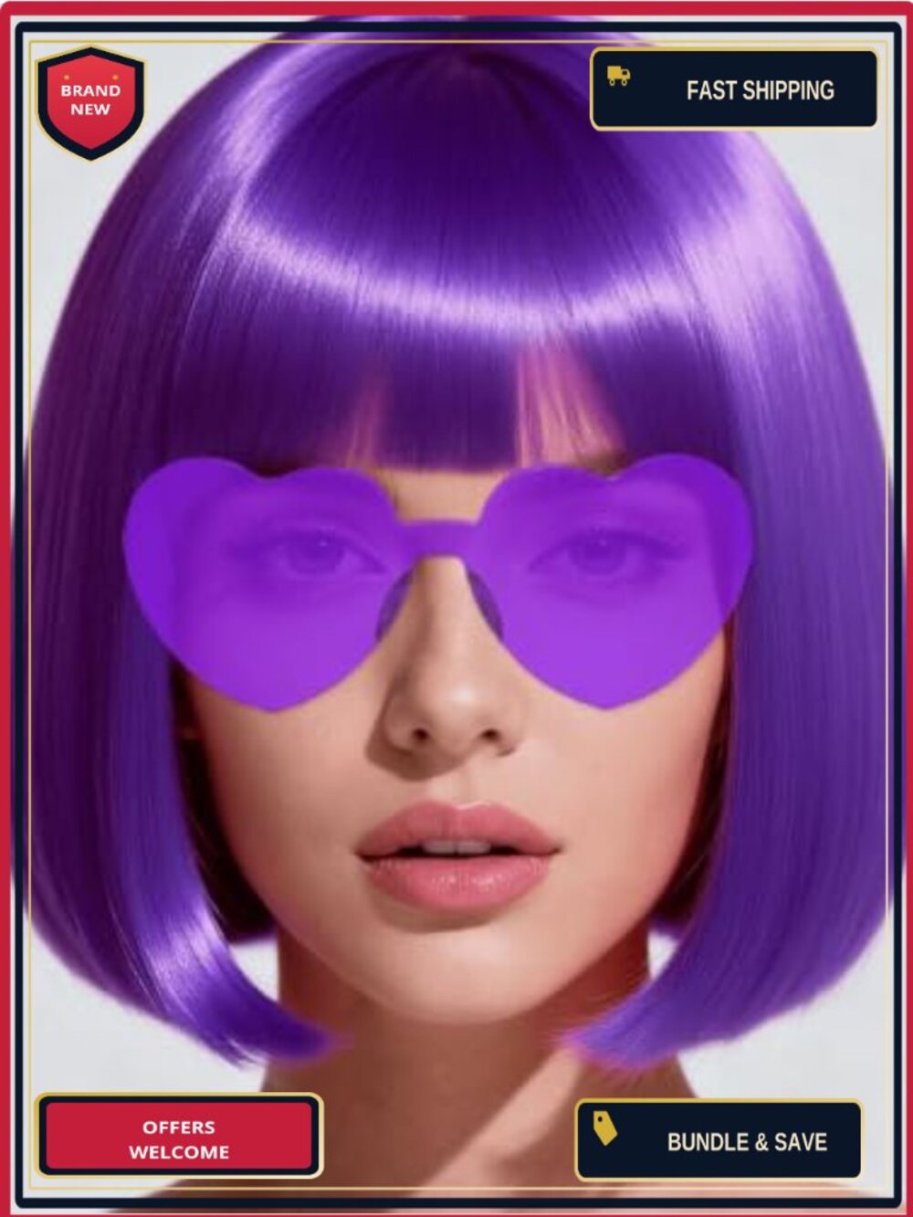 Short Bob Wig with Heart Glasses & Cap Synthetic Party Costume